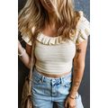 Beige Ruffled Neckline Knitted Short Sleeve Cro...
