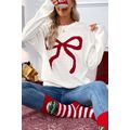 White Bow Pattern Contrast Trim Christmas Loose...
