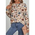 Khaki Floral Print Loose Crew Neck Long Sleeve ...