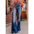 Sky Blue Button Fly Ripped High Waist Flare Jeans