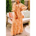 Orange Floral Print Smocked V Neck Wide Sleeve ...
