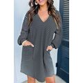 Black Striped V Neck Long Puff Sleeve Shift Dress