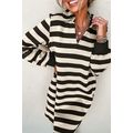 Black Stripe Collared V Neck Long Sleeve Loose ...