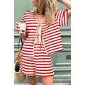 Red Stripe Lace-up Front Top and High Waist Sho...