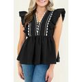 Black Contrast Ricrac Trim Ruffled V Neck Peplu...