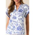 Blue Elegant Floral Print Ricrac Trim Short Sle...