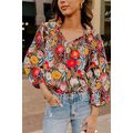 Black Floral 3/4 Puff Sleeve Tied Neck Blouse