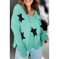 Green V Neck Star Pattern Hooded Sweater with S...