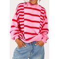 Pink Stripe Bubble Sleeve Drop Shoulder Ribbed ...