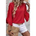 Fiery Red Ruffle Trimmed 3/4 Sleeve Round Neck ...
