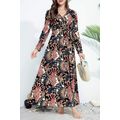 Black Floral Print V Neck Wrap High Waist Maxi ...