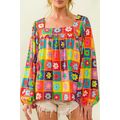 Multicolor Floral Crochet Square Neck Puff Slee...