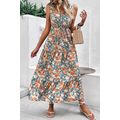 Green Floral Print Trimmed V Neck Tie Waist Sle...
