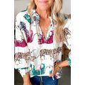 White Colorful Tiger Print Ruffled Lantern Slee...