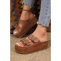 Chestnut Dual Buckle Studded Platform Sandal Sl...