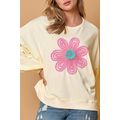 Beige Tinsel Flower Dropped Puff Sleeve Sweatshirt