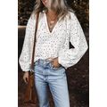 White Eyelet Embroidered Puff Sleeve V Neck Blouse