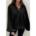 Black Solid Snap Buttons Collared Balloon Sleev...