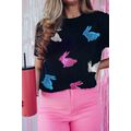 Black Glitter Easter Bunny Round Neck T-shirt