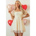 Apricot Sequined Lace Mesh Bubble Sleeve Square...