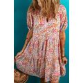 Red Floral Puff Sleeve Notched V Neck Tiered Mi...
