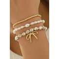 Gold Bow Knot Charm Beaded Triple Layer Bracele...