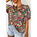Green V Neck Short Bubble Sleeve Paisley Blouse