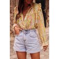 Yellow Paisley Print Ruffled Trim Boho Shirt