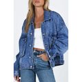 Blue Chest Pockets Drop Shoulder Loose Denim Ja...