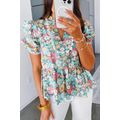 Multicolour Notched Neck Puff Short Sleeve Flor...