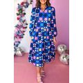 Blue Floral Peasant Sleeve Tiered Ruffle Midi D...