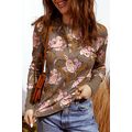 Brown Floral Print Waffle Textured Long Sleeve Top