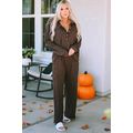 Brown Ribbed Knit Collared Henley Top and Pants...