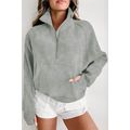 Gray Zip Up Stand Collar Ribbed Thumbhole Sleev...