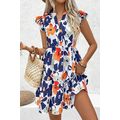 Orange Floral Print Notched Neck Flutter Sleeve...