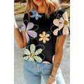 Black Summer Flower Print Casual Round Neck T S...