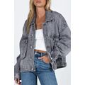 Gray Chest Pockets Drop Shoulder Loose Denim Ja...