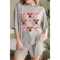 Gray Western Cow Head Bow Print Loose Fit Two P...