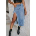 Light Blue Frayed Slit Asymmetric Denim Midi Skirt