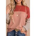 Red Color Block Long Sleeve Ribbed Loose Top