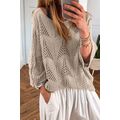 Parchment Hollow Out Knit 7/8 Sleeve Casual Swe...