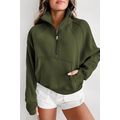 Green Zip Up Stand Collar Ribbed Thumbhole Slee...