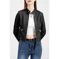Black Faux Leather Snap Button Stand Neck Zippe...