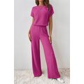 Rose Red Solid Color Ribbed Short Sleeve Wide L...