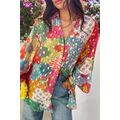 Rose Red Colorblock Abstract Print Button up Lo...