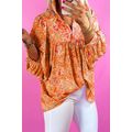 Orange Abstract Print Collared V Neck Babydoll ...
