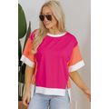 Rose Red Color Block Patchwork Side Slits Loose...