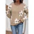 Parchment Flower Pattern Ribbed Trim Crew Neck ...