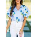 Sky Blue Floral Print Tie Split Neck Short Puff...