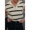 White Stripe Zipped Collar Cap Sleeve Knit Top